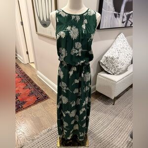Burning Torch Green Silk Dress with White Floral Design